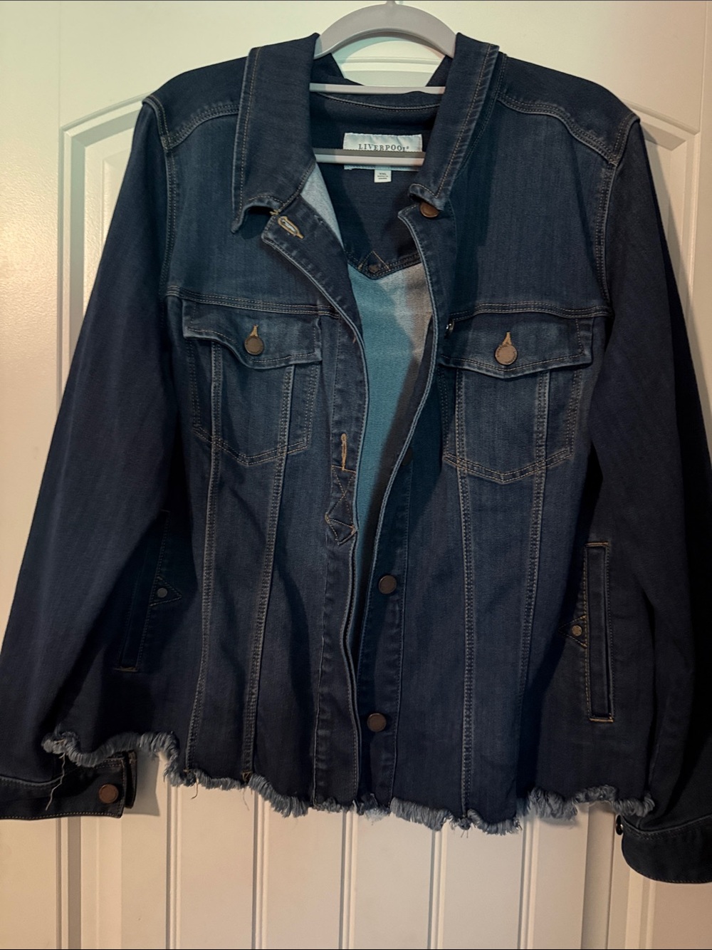 Liverpool Dark Blue Denim Jean Jacket with Frayed Hem